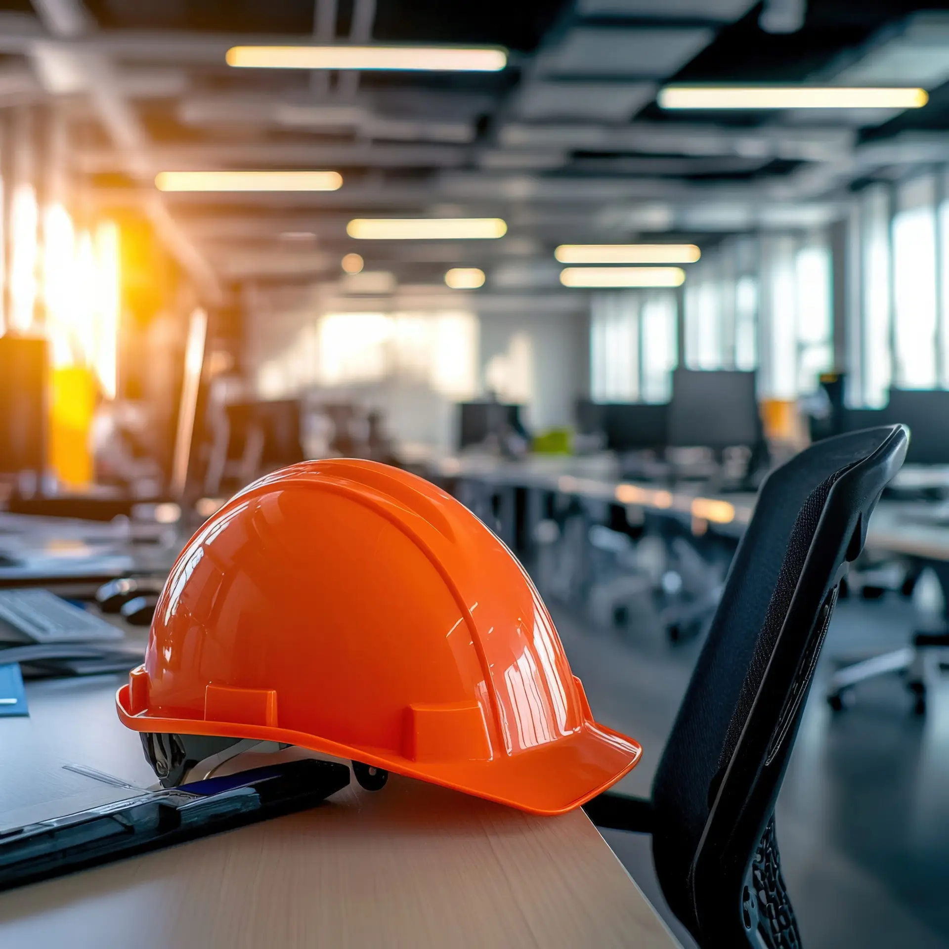 A hard hat placed on a worker's chair in a well-lit office